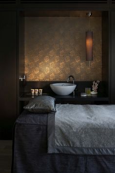 Dark Moody Spa Room, Dark And Moody Massage Room, Dark Spa Room Ideas, Moody Massage Room, Dark Massage Room, Dark Spa Room, Moody Esthetician Room, Spa Massage Room Design, Moody Spa