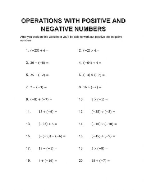 Operations With Integers, Negative Numbers Worksheet, Positive And Negative Numbers, Maths Worksheet, Mental Maths, Negative Integers, Integers Worksheet, Integer Operations, Line Math