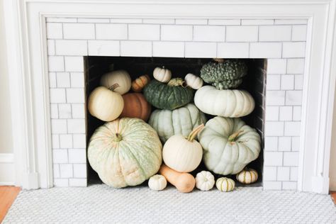 Heirloom Pumpkin Fireplace for Fall Pumpkin Fireplace Decor, Pumpkin Fireplace, Preserving Pumpkins, Sarah Tucker, No Carve Pumpkin Decorating, Easy Fall Decor, Cotton Stems, Modern Fall, Farmhouse Fall Decor