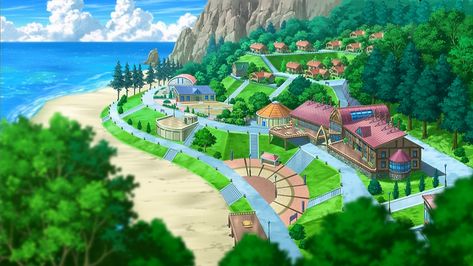 Pokémon Summer Camp - Bulbapedia, the community-driven Pokémon encyclopedia Pokemon Towns, Pokemon Beach, Pokemon Locations, Kalos Region, Pokemon Kalos, Ancient Chinese Architecture, Anime Places, Pokemon Poster, Pokemon Backgrounds