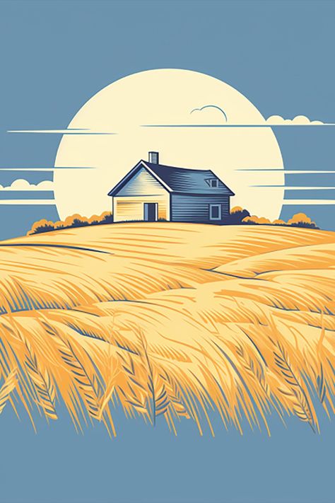 Clear Skies Over Wheat: Minimalist American Prairie Farmhouse Drawing Forest Clearing Drawing, Wheat Field Illustration, Wheat Field Drawing, Prairie Illustration, Epq Ideas, Farmhouse Drawing, Wheat Drawing, American Prairie, Plains Landscape