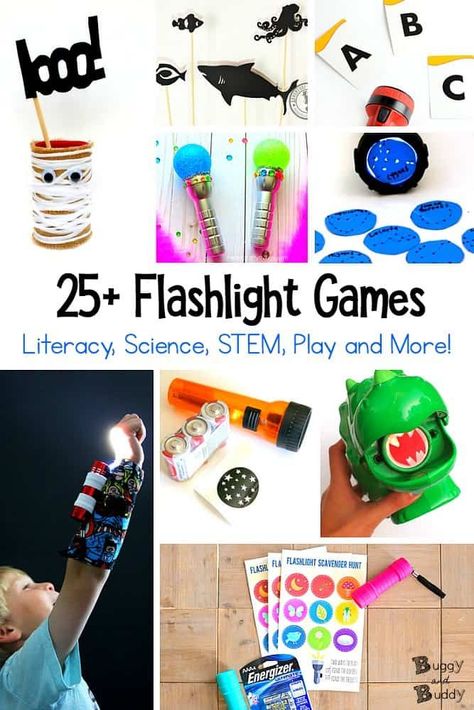 25+ Flashlight Games and Flashlight Activities for Kids: Check out these cool ways children can use a flashlight to practice the alphabet, sight words, go on scavenger hunts, conduct science experiments, explore STEM and STEAM ideas and encourage creative play! #flashlight #creativeplay #science #stem #steam #literacy #alphabet #abcs  via @https://www.pinterest.com/cmarashian/boards/ Flash Light Activities For Preschool, Flashlight Activities, Flashlight Friday, Steam Games, Steam Ideas, Science Stem, Jellyfish Craft, Light Activities, Games Kids