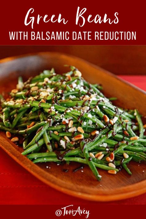 Green Beans with Balsamic Date Reduction Feta & Pine Nuts - Healthy vegetarian side dish recipe for sauteed green beans with balsamic date reduction sauce, crumbled feta and toasted pine nuts. | ToriAvey.com #greenbeans #balsamicreduction #balsamicvinegar #dates #feta #pinenuts #sauteed #vegetarian #sidedish #healthy #saltyandsweet #holiday #sukkot #roshhashanah #thanksgiving #hanukkah #chanukah #kosher #TorisKitchen Vegetarian Side Dish Recipes, Vegetarian Holiday Recipes, Seasoned Green Beans, Reduction Sauce, Delicious Green Beans, Sauteed Green Beans, Gluten Free Sides, Vegetarian Sides, Fall Recipes Healthy