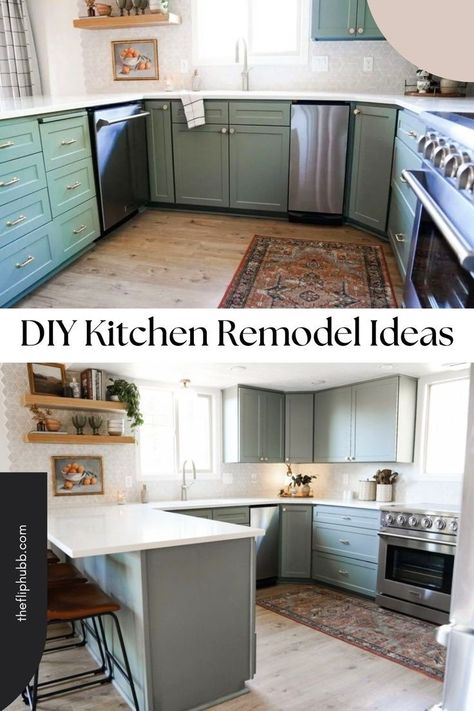 Check out our top tips for a DIY kitchen remodel with big results! If you love green kitchen cabinets with white quartz countertops, you've got to see our DIY kitchen makeover. See trendy backsplash, quartz countertops, and floating shelves, to give you all the kitchen inspiration you need! We chose to go with sage green kitchen cabinets with white cabinets to round out this major kitchen reno. Kitchen renovation inspiration. Diy Kitchen Remodel Ideas, Backsplash Quartz, Sage Green Kitchen Cabinets, Trendy Backsplash, Diy Kitchen Makeover, Reno Kitchen, Easy Diy Home Projects, Kitchen Renovation Inspiration, Budget Kitchen Makeover