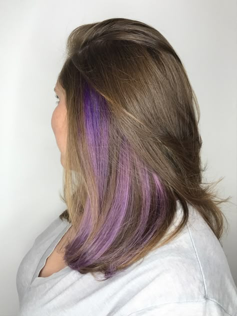 Purple Hair Highlights Underneath, Purple Peak A Boo Highlights, Purple Peek A Boo Highlights Brown Hair, Peek A Boo Purple Highlights, Pika Boo Hair Color Ideas, Vivid Underneath Hair, Purple Strands In Brown Hair, Light Brown Hair With Colored Tips, Brown Hair With Purple Peekaboos