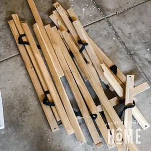 Repurposing Bed Slats for Organization Project Bed Slats Diy Projects, Bed Slats Diy, Tiny Coat Closet, Diy Coat Closet, Diy Coat Hooks, Drawers For Clothes, Built In Bunk Beds, Front Hall Closet, Hardwood Bed