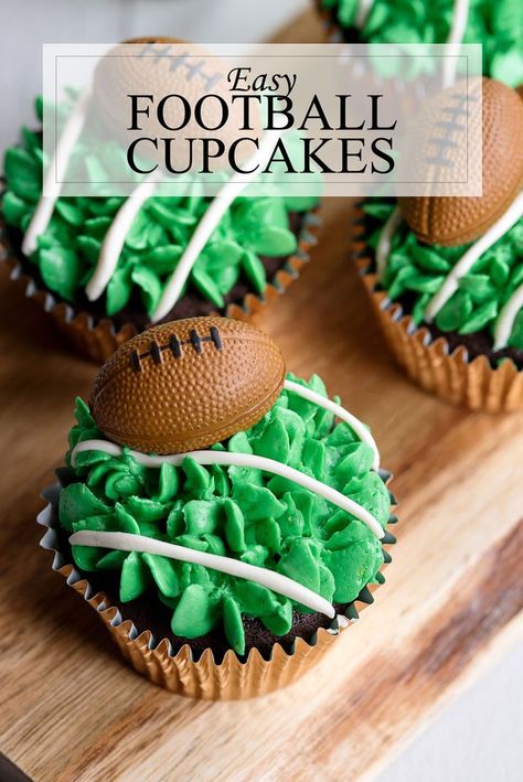 Easy Superbowl Football Cupcakes with Piped Grass Frosting Super Bowl Cupcake, Bowl Desserts, Simple Cupcakes, Superbowl Cake, Making Desserts, Superbowl Desserts, Whipped Buttercream, Football Cupcakes, Football Parties