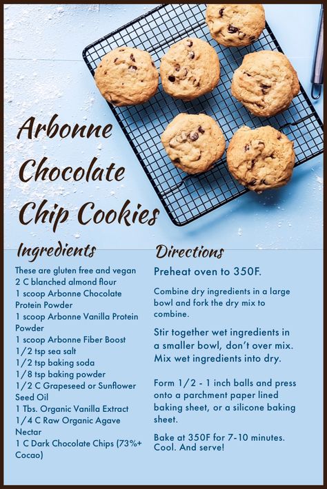 Arbonne Protein Bars, Arbonne Cleanse Recipes, Arbonne Protein Shakes, Arbonne Shake Recipes, Healthy Vegan Cookies, Arbonne Protein, Arbonne Nutrition, Arbonne Recipes, Chocolate Chip Cookies Ingredients