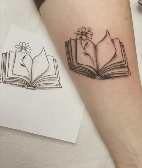 Book And Flower Tattoo, Small Book Tattoo, Writer Tattoo, Book Lover Tattoo, Books Tattoo, Lotusblume Tattoo, Book Tattoos, 42 Tattoo, Bookish Tattoos