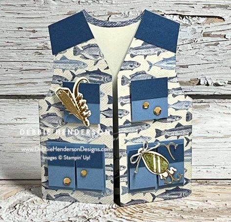 I am featuring the GONE FISHING BUNDLE for my August tutorials. If you struggle with masculine cards, you'll love this month. This Vest Card Fold is a sampling of one of the cards and includes the pattern. Details can be found here: https://www.debbiehendersondesigns.com/july-2023-monthly-tutorials-2/ #debbiehenderson #debbiesdesigns #papercrafting #card #cards #greetingcards @stampinupofficial #stampinupdemonstrator #demonstrator #stampinup #fishing #gonefishing #letsgofishing #masculine... - Gone Fishing Cards, Stampin Up Gone Fishing, Fishing Birthday Cards, Fish Cards, Fish Birthday, Men Cards, Stamped Christmas Cards, Nautical Cards, Fishing Cards