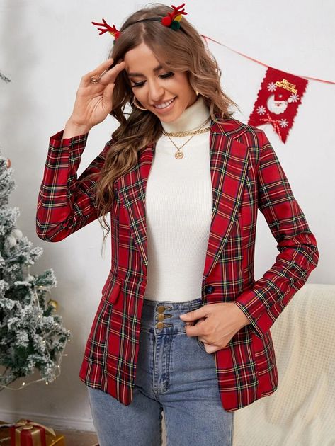 Single Button Tartan Print Blazer | SHEIN USA Red Plaid Coat, Blazer Casual, Lapel Blazer, Plaid Suit, Suits For Sale, Plaid Coat, Printed Blazer, Plaid Fabric, Christmas Red