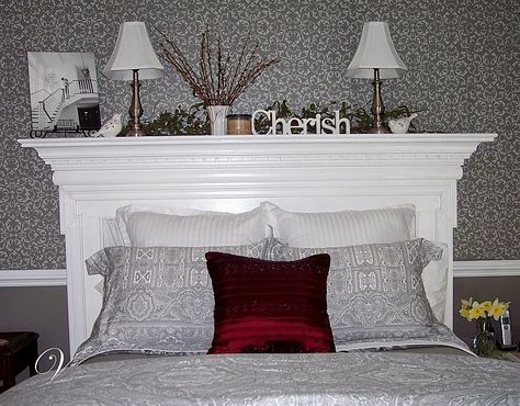 Mantel to Headboard - This is awesome, as we have a bedroom suit, Want to purchase a king size bed but I must have a headboard.  They are so expensive for king size, so this might work:) Mantle Headboard, Mantel Bedroom, Mantel Headboard, How To Make Headboard, Diy Headboard, Headboard Designs, Traditional Bedroom, Remodel Bedroom, Clipboard