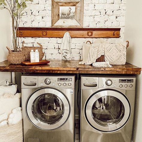 #laundryroom #greatroom #openconcept #ceilingbeams #neutraldecorstyles #diningroominspo #diningroomtable #fireplacedesign #fireplacedecor #familyroom #familyroomdecor #modernfarmhousestyle #brickfireplace #shelfstyling neutral decor, farmhouse decor, kitchen decor, fireplace inspiration, fireplace reno, home reno, home decor, fall decor, fall home decor, neutral style, fall style, fall 2020 home, better homes and gardens, BHG homes, southern living mag, Laundry Room With Countertop Over Washer And Dryer, Wallpaper Behind Washer And Dryer, Washer And Dryer Countertop, Laundry Room Countertop, Tiny Laundry, Laundry Room Renovation, Pantry Makeover, Laundry Room Remodel, Laundry Room Inspiration