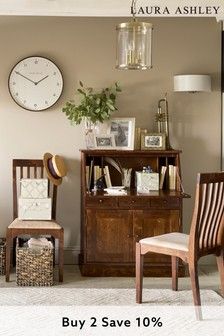 Dark Chestnut Garrat Dark Chestnut 2 Door 3 Drawer Bureau by Laura Ashley £975 Antique Office Furniture, Stylish Office Desks, Laura Ashley Furniture, Low Cupboard, Vintage Office Decor, Large Round Mirror, Birch Veneer, Vintage Office, Adjustable Shelf