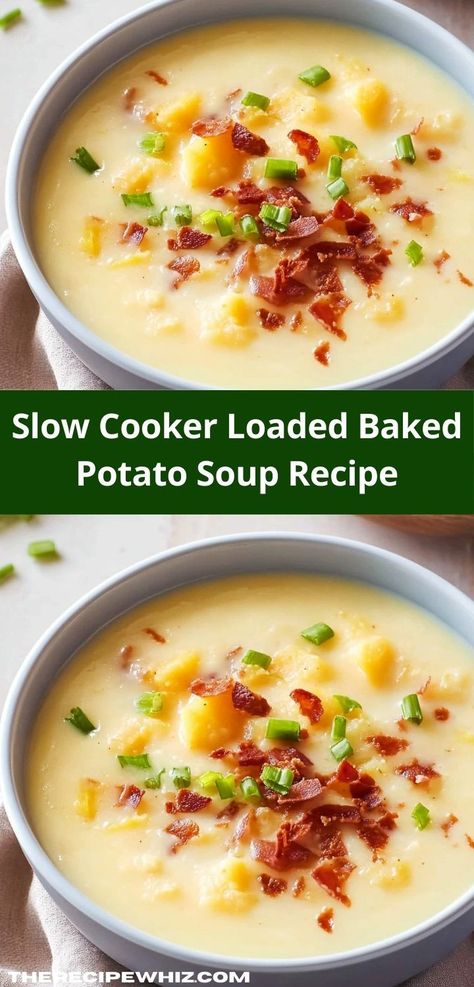 Searching for a delicious soup recipe? Discover the creamy goodness of Slow Cooker Loaded Baked Potato Soup. Packed with flavors and topped with your favorite fixings, it’s a family-friendly option for any occasion. Loaded Baked Potato Crock Pot, Crockpot Loaded Baked Potato Soup Recipes, Baked Potato Soup Crock Pot Easy, Loaded Potato Soup Slow Cooker, Loaded Potato Soup Crockpot Easy, Slow Cooker Potato Bacon Soup, Slow Cooker Potatoes Soup, Slow Cooker Loaded Potato Soup, Creamy Crockpot Soup Recipes