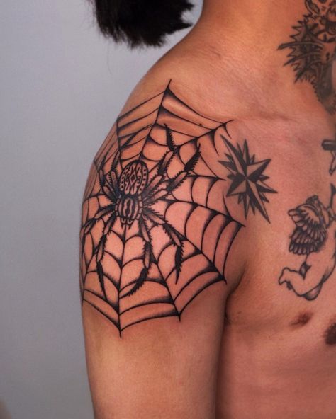 30+ Spider Web Tattoo Design Ideas and Meanings - 100 Tattoos Blast Over Tattoo, Tattoo Over Scar, Spider Web Tattoo, Cool Shoulder Tattoos, Traditional Style Tattoo, Skull Sleeve Tattoos, Cool Wrist Tattoos, Web Tattoo, Mens Shoulder Tattoo