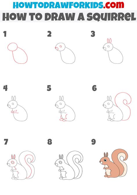 Step By Step Squirrel Drawing, Squrriel Drawing For Kids, Drawing A Squirrel Step By Step, Fall Animal Drawing Easy, How To Draw Chipmunk, Painting A Squirrel, Draw Squirrel Easy, How To Draw A Squirrel Easy, Cartoon Squirrel Drawing Easy