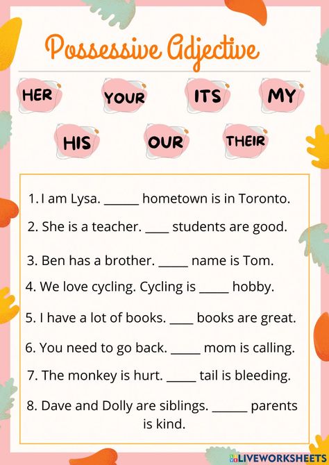 Possessive Adjectives Worksheets, Adjectives For Kids, Tutor Tips, English Pronouns, Adjectives Worksheet, English Grammar Exercises, Possessive Nouns, Possessive Adjectives, English Adjectives