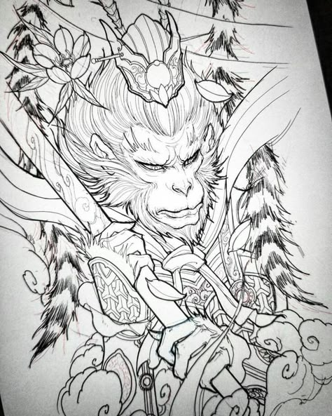 Monkey King Tattoo Design, King Tattoo Design, Monkey King Tattoo, Japanese Monkey, King Tattoo, Monkey Tattoos, Buddha Tattoos, King Tattoos, Procreate Drawing