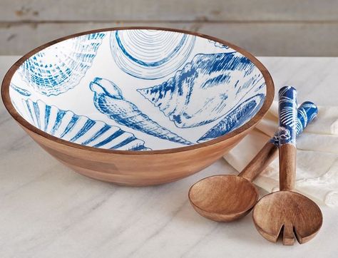 Enamel and mango wood salad bowl and matching tongs. Mango Wood Bowls, Wood Serving Platter, Salsa Bowls, Bar Buffet, Wood Dishes, Wooden Platters, Wooden Salad Bowl, Wood Salad Bowls, Wooden Words