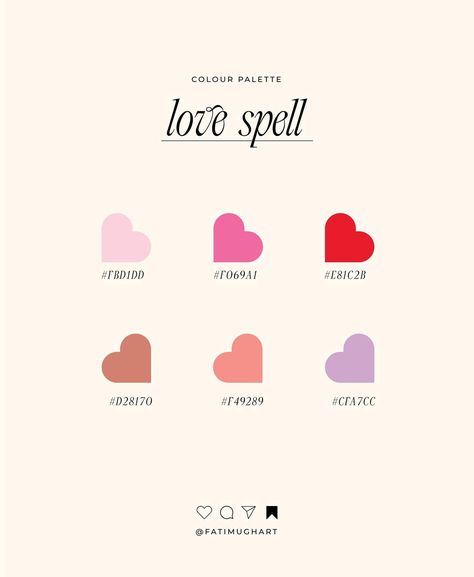 Valentine inspired colour palette - Love spell 💗 I know some of you are busy making Valentine theme creations 🥰 You are welcome to steal this Palette 👀 Save for later inspo! 🤩🙌✨ ____ #colourinspiration #colourpalette #colourfun #colourscheme #pasteltoned #lightcolours #freshtone #brandcolors #vibrantcolors #brandidentitydesign #colourmood #colourinspiration #colourcombination #designinspirations #valentinecollection #freelancedesign #logodesigners #creativeideas #websiteinspiration #brand... Coquette Color Palette, Valentines Color Palette, Color Palets, Branding Inspo, Valentine Theme, Valentine Coloring, Romantic Colors, Colour Inspiration, Love Spell