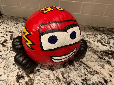 Lightening Mcqueen Pumpkin Painting, Lighting Mcqueen Pumpkin Painting, Lightning Mcqueen Pumpkin Painting, Cars Pumpkin Painting, Truck Pumpkin Painting, Red Pumpkin Painting Ideas, Lightning Mcqueen Pumpkin, Cars Pumpkin, Monster Truck Pumpkin