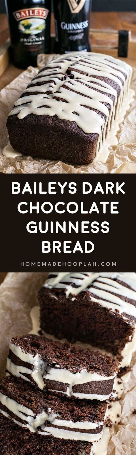 Baileys Dark Chocolate Guinness Bread! Rich, dark chocolate Guinness bread laced with chocolate chips and walnuts and then frosted with a sweet Baileys glaze. It's the perfectly indulgent bread! | HomemadeHooplah.com Guiness Bread, Baileys Glaze, Guinness Bread, Boozy Desserts, Monkey Bread, Quick Bread Recipes, Indulgent Desserts, Irish Recipes, Quick Breads