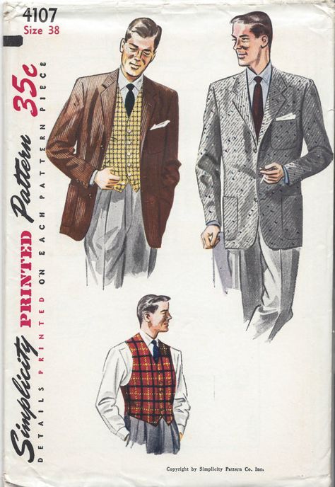 Vintage Simplicity Printed Men Jacket Vest Sewing Pattern Simplicity 4107 $12 50s Jacket, Blazer Waistcoat, Father Of The Bride Outfit, 1950s Mens Fashion, Suit Sewing Patterns, Mens Sewing Patterns, Blithe Spirit, Mens Vest Jacket, Vest Sewing Pattern