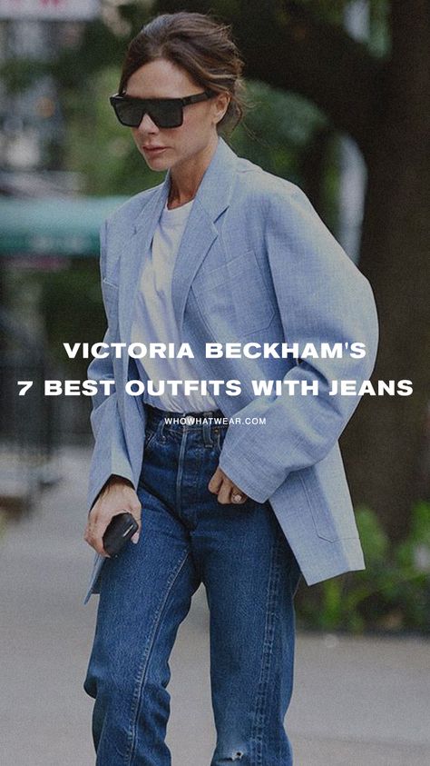 Casual Chic Jeans Outfit, Wide High Waist Jeans Outfit, Blue Jeans Outfits For Women, Tailored Jeans For Women, Blue Jeans Office Outfit, Victoria Beckham Sweater Outfit, Blazer Spring Outfits, Nice Top And Jeans Outfit Ideas, Wide Leg Jeans With Blazer