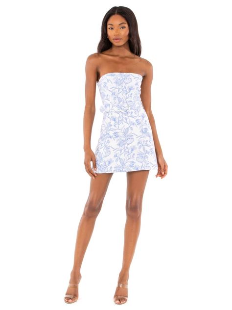 Blue And White Strapless Dress, Hoco Dresses 2023 Strapless, Different Homecoming Dresses, White And Blue Mini Dress, Coastal Homecoming Dress, Amanda Uprichard Fae Dress, Strapless Formal Dress Short, Fancy Homecoming Dresses, Coastal Granddaughter Hoco Dress