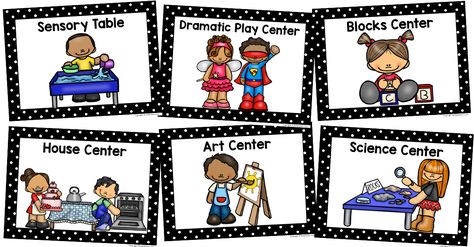 Here are some printable center signs for your Pre-K or Preschool classroom. I have a free set of signs available, but the set of center signs in my shop are really the best by far. Center Signs in My Shop This set of Center Signs has a bold black polka dot border and includes a printable PDF file as well as an editable PowerPoint file. If you want to change the Center Labels Free Printable, Classroom Center Signs Free Printable, Center Labels For Preschool Free, Preschool Center Signs Free Printable, Center Signs For Preschool Free, Preschool Visuals, Preschool Center Labels, Classroom Center Signs, Preschool Center Signs