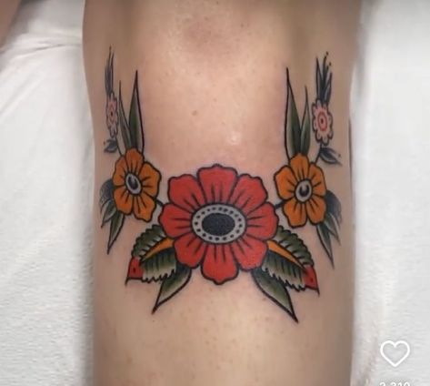 Traditional Poppy Tattoo, Inner Elbow Tattoos, Wreath Tattoo, Garter Tattoo, Traditional Tattoo Flowers, Framed Tattoo, Matching Sister Tattoos, Poppies Tattoo, Traditional Tattoo Sleeve