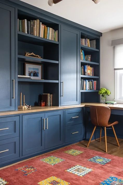 Hyattsville Home Office | set Home Office Wall Cabinets, Office Built Ins Bookshelves, Office Cabinets Ideas, Office Wall Cabinets, Modern Farmhouse Office, Navy Office, Blue Cupboards, Upstairs Landing, Ikea Office