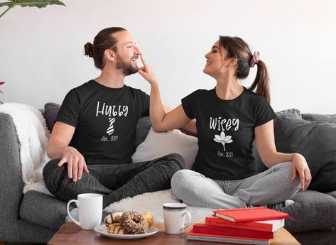 This cute couple shirt signifies something extra special in your marriage. It is very comfortable for an active lifestyle as you go on celebrated your best today and tomorrow. The high quality prints helps you express the fullfillment of your dream as a married couple. Love knows no boundaries even in this unique tee. Wifey Est. 2021 Shirt | New Wife Gift from Husband Couple Wedding T-Shirt Black Matching Hoodies For Couples, Matching Tshirts, Valentine Sweatshirt, Groom Shirts, Matching Hoodies, Couples Sweatshirts, Soft Feeling, Matching Couple Outfits, Valentine T Shirts