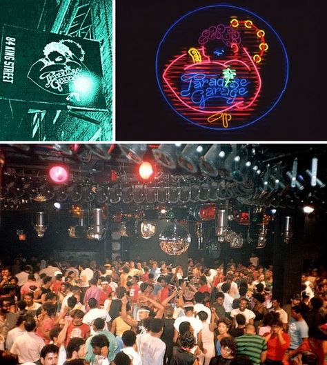 Paradise Garage, located at 84 King Street, New York, NY, opened in 1976. It was home to DJ Larry Levan. The neon logo (a dancer with a tambourine and the words 'Paradise Garage' tattooed on his arm) was located at the top of the entrance ramp. David Mancuso, Nyc Venues, House Underground, Larry Levan, Chicago House Music, Vinyl Dj, Paradise Garage, Dance Culture, Club Culture