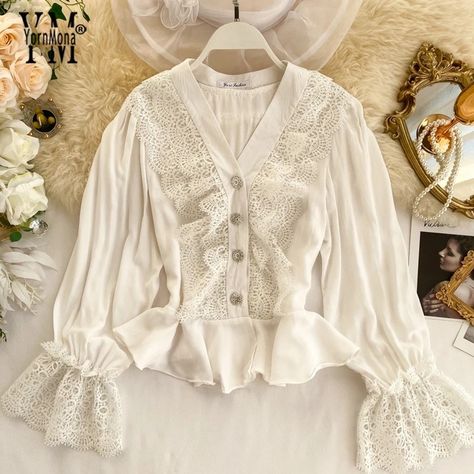 Fashion Classy, Office Wear, Stylish Women, Korean Fashion, Lace Top, Ruffle Blouse, Womens Shirts, Blouses, Lace