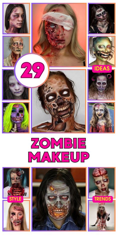 Create an unforgettable Halloween look with zombie makeup, using easy and quick ideas. These SFX tutorials offer realistic and scary transformations perfect for any event. Whether you prefer a pretty or terrifying aesthetic, these makeup ideas are suitable for both guys and women. Get inspired by pop art, cartoon styles, and thriller themes to craft a unique and spooky zombie look that will impress everyone. Insane Halloween Makeup, Zombie Hair Ideas, Zombie Sfx Makeup Gore, Scary Halloween Face Makeup, Halloween Gore Makeup, Simple Zombie Makeup, Sfx Gore Makeup, Halloween Makeup Looks Scary, Pretty Zombie Makeup