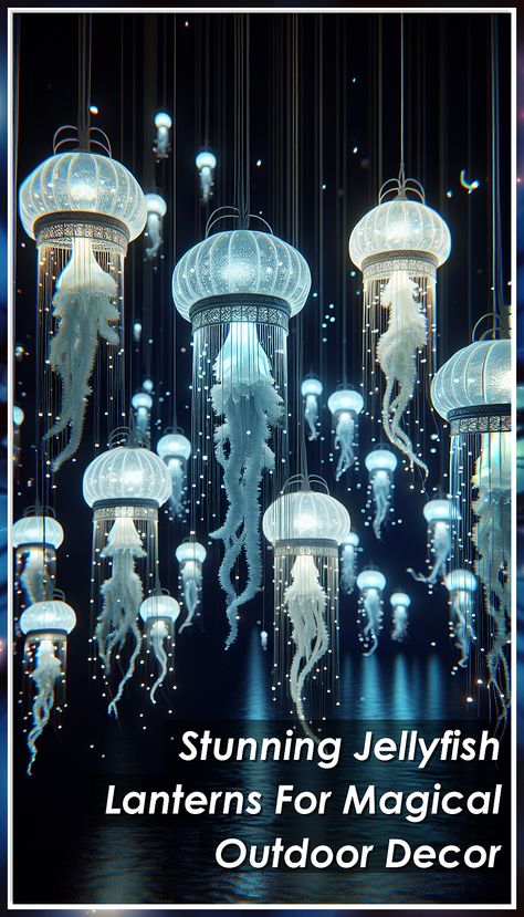 Transform your outdoor space with these stunning jellyfish lanterns. Illuminate your garden with a touch of magic and whimsy. Perfect for adding a unique and enchanting ambiance to any outdoor gathering. Create a mesmerizing atmosphere with these beautiful jellyfish lanterns. Jelly Fish Lantern, Jellyfish Installation, Festival Totem, Aquarium Room, Jellyfish Decor, Lantern Parade, Beautiful Jellyfish, Hanging Jellyfish, Jellyfish Lantern