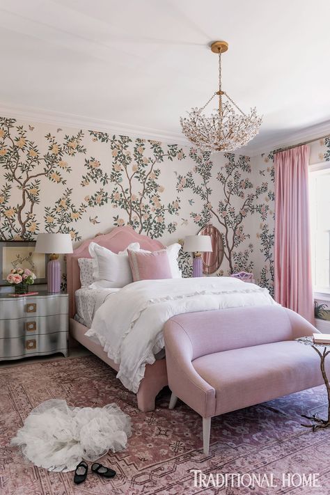 girls-bedroom-with-gracie-wallpaper Rose Bedroom, Family Room Paint, Alice Lane, Laundry Room Wallpaper, Girl Bedrooms, Classy Bedroom, Future Apartment, Rooms Reveal, Girl Bedroom Decor