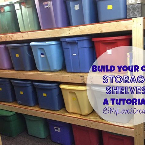 Build Your Own Storage Shelves. Good directions. I need to do this in our shed... Seasonal Clothing Storage, Basement Organization, Diy Storage Shelves, Basement Storage, Plastic Bins, Up House, Tote Storage, Garage Organization, Diy Shelves