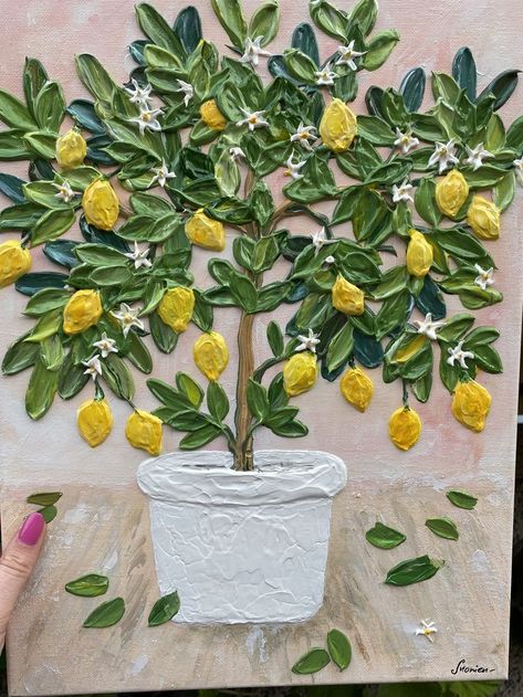 Lemon Tree Painting, Thick Painting, Lemon Painting, Lemon Art, Tree Textures, Romantic Paintings, Canvas Painting Tutorials, Watercolor Painting Techniques, Textured Canvas Art