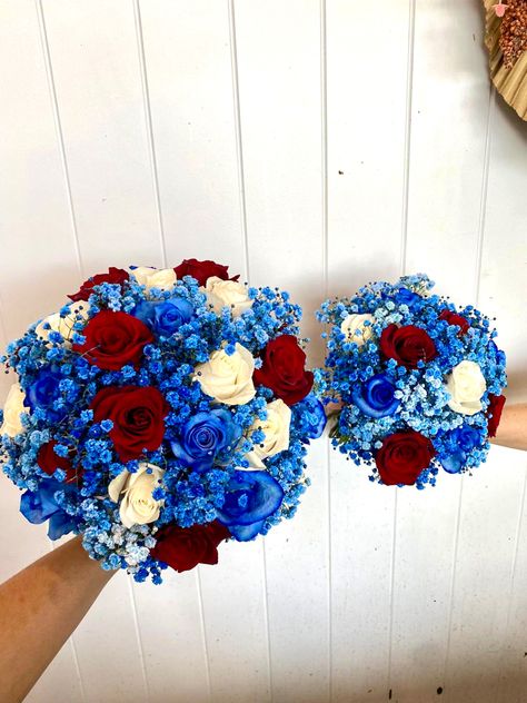 Red, white & blue combination in a bridal and matching bridesmaids bouquet Red White And Blue Wedding Bouquets, Red And Blue Bouquet, Bridal Bouquet Calla Lillies, Blue And Red Wedding, Light Blue Quince, Red Rose Bouquet Wedding, Candle Bouquet, Homecoming Flowers, Blue Flowers Bouquet