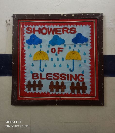 Showers Of Blessings Theme, Bulletin Board Decoration, Creative Jewelry Displays, Showers Of Blessing, Church Bulletin Boards, Church Bulletin, Bulletin Board Decor, Jewelry Displays, Board Decoration