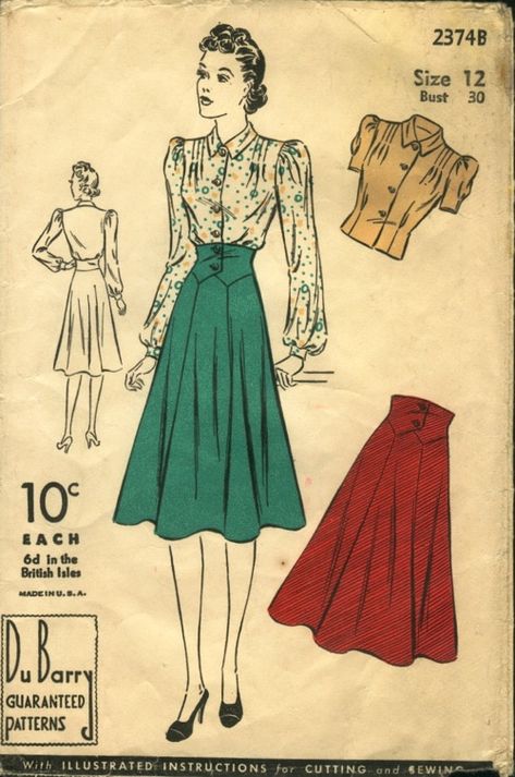 1930s Skirt Pattern, Late 1930s Fashion, 1930s Skirt, 1930s Blouse, 1940s Dress Pattern, Vintage Clothes Patterns, 1930 Fashion, 1900s Fashion, Vintage Dress Patterns