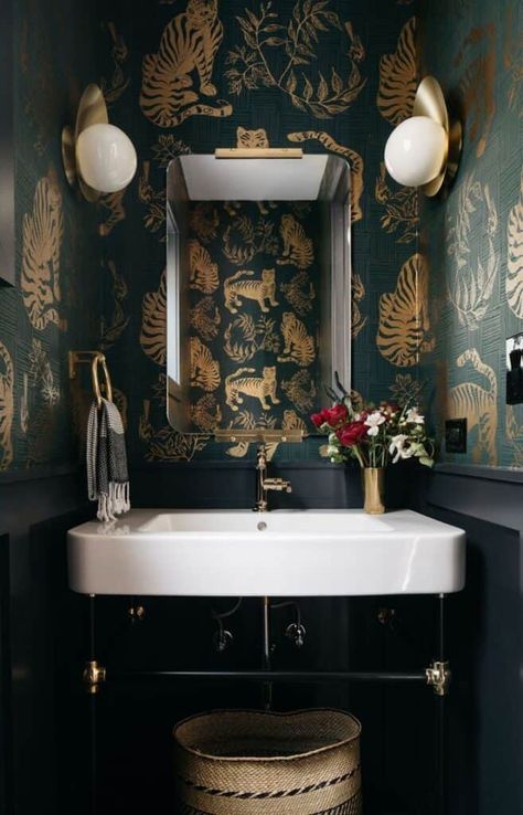 20 Dark and Moody Bathroom Decor Ideas » Lady Decluttered Moody Powder Room, Transitional Powder Room, Wallpaper Powder Room, Moody Bathroom, Instagram Bathroom, Dark Bathrooms, Powder Room Decor, Downstairs Toilet, Powder Room Design