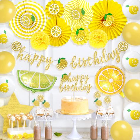 PRICES MAY VARY. LEMON BIRTHDAY DECORATIONS KIT INCLUDES - 1 x " Happy Birthday " Banner with two cute lemon patterns, 1 x " Happy Birthday " Cake Topper, 6 x Lemonade Glitter Cupcake Toppers, 6 x lemon cutouts, 6 x paper fans, 2 x tissue paper pom poms, 5 x yellow latex balloons, 5 x lemon-printed latex balloons, 2 x lemon foil balloons, 1 x white ribbon, 1 x glue dots. PERFECT FOR VARIOUS OCCASIONS - Our Lemon Birthday Party Decorations Supplies Kit is great for your kid's birthday lemon theme Main Squeeze Bridal Shower Backdrop, She Found Her Main Squeeze Bachelorette Party, She Found Her Main Squeeze Bridal Party Decor, She Found Her Main Squeeze Bridal Party, Main Squeeze Bridal Shower Lemon, Citrus Party, She Found Her Main Squeeze, Found Her Main Squeeze, Lemon Themed Bridal Shower