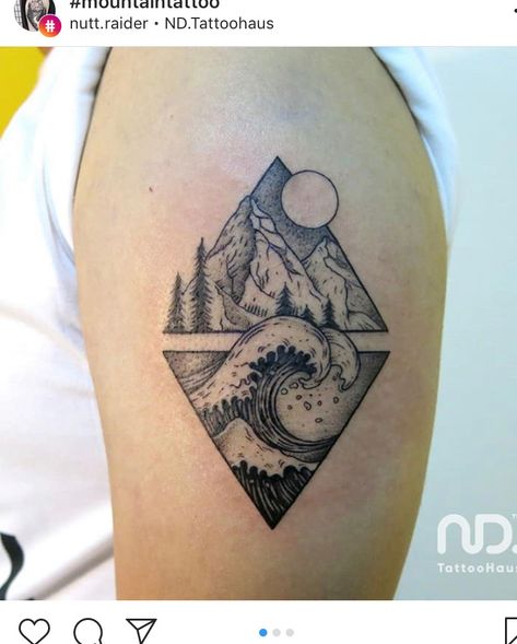 Water Earth Tattoo, Geometric Desert Tattoo, Water And Mountain Tattoo, Earth And Water Tattoo, Mountain And Water Tattoo, Waves And Mountains Tattoo, Beach And Mountain Tattoo, Croatia Tattoo, Travel Tattoo Ideas