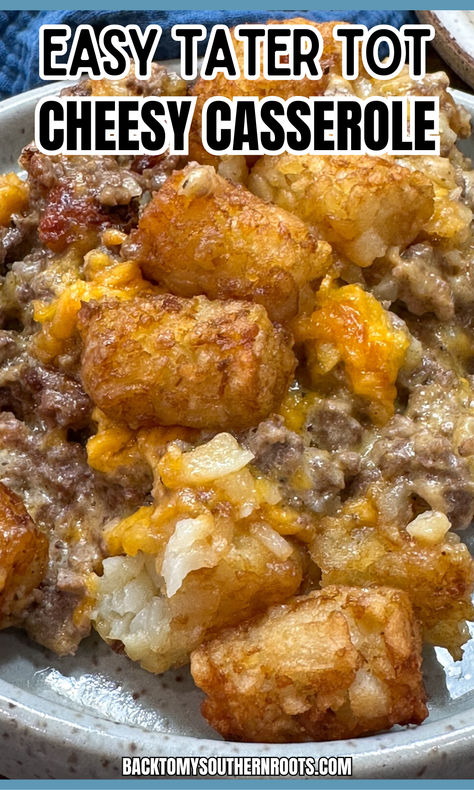 Tater tot casserole on a plate with cheese and beef. Easy Crockpot Tater Tot Casserole, Beef And Tater Tot Casserole, Tator Tot Casserole In Crock Pot, Easy Tater Tot Casserole Simple, Cowboy Casserole Tater Tots, Tator Tots Casserole Hamburger, Tatertot Casserole Recipe Beef, Crockpot Tater Tot Casserole, Ground Beef Tater Tot Casserole