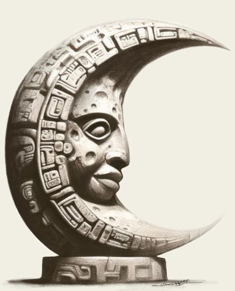 Aztec Moon, Aztec Statues, Aztec Drawing, Aztec Artwork, Aztec Symbols, Aztec Tattoos, Mexican Tattoo, Mexican Artwork, Mexican Art Tattoos