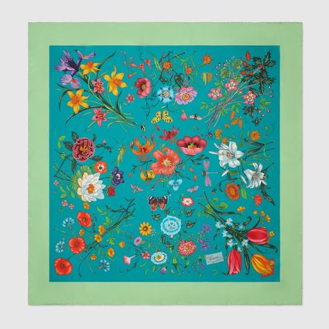 Flora print silk carré in green and turquoise | GUCCI® US Agriculture Projects, Gucci Flora, Gucci Floral, Flora Print, Gucci Scarf, Gucci Shop, Italy Print, Printed Silk Scarf, Blue Zircon